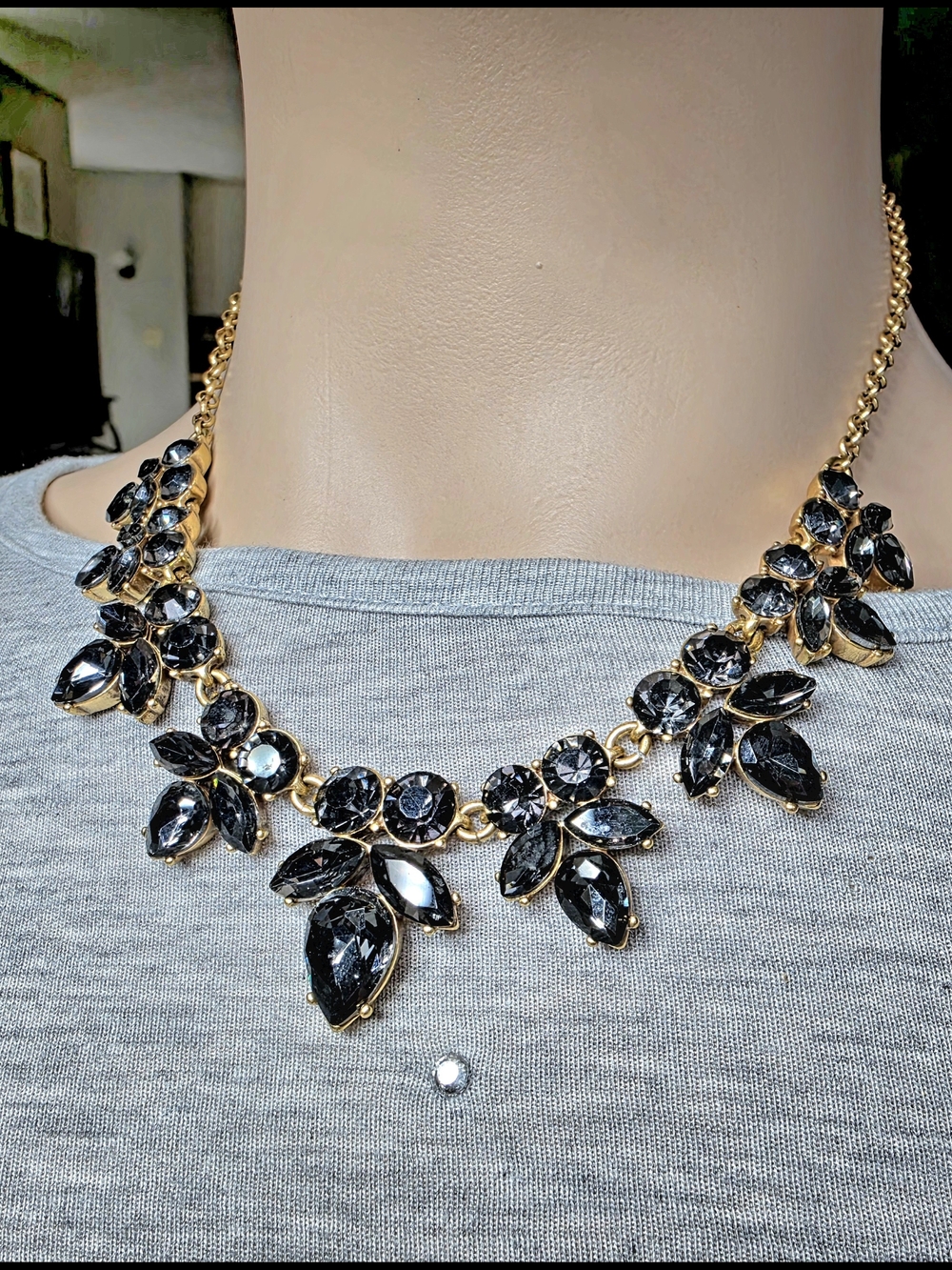 J. Crew Gold-Tone Necklace with Dark Smoky Gray Crystal Floral Clusters